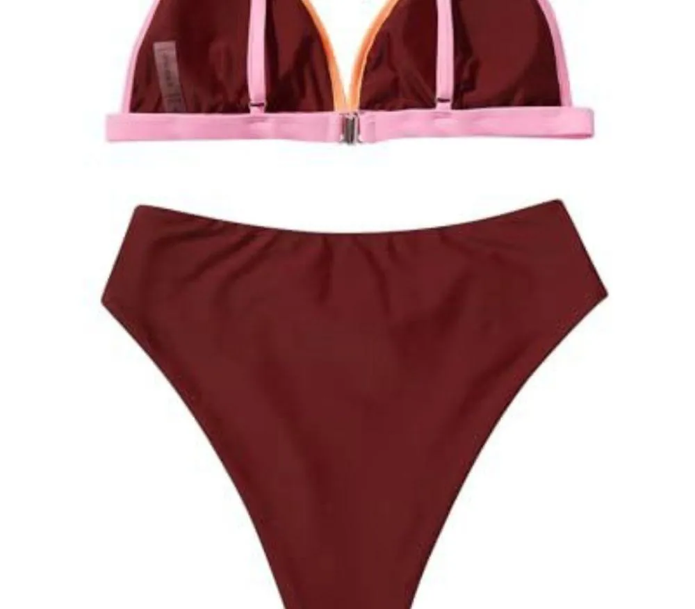Womens Triangle High Cut Bikini Sets Sexy High Waisted Color Block Brown Size XL - Image 2