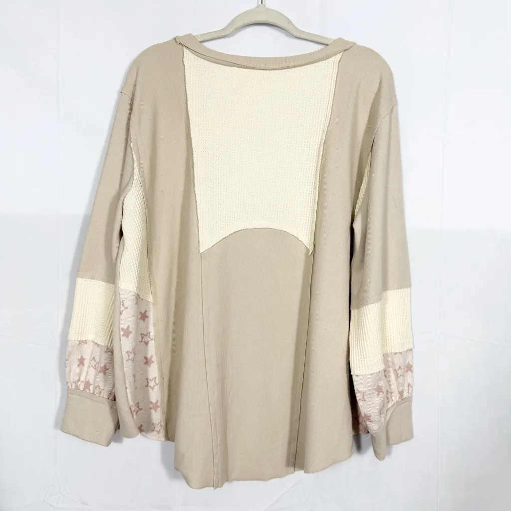 POL Oversized Patchwork Star Crewneck Pullover Long Sleeve Thermal Blush Ivory - Image 4