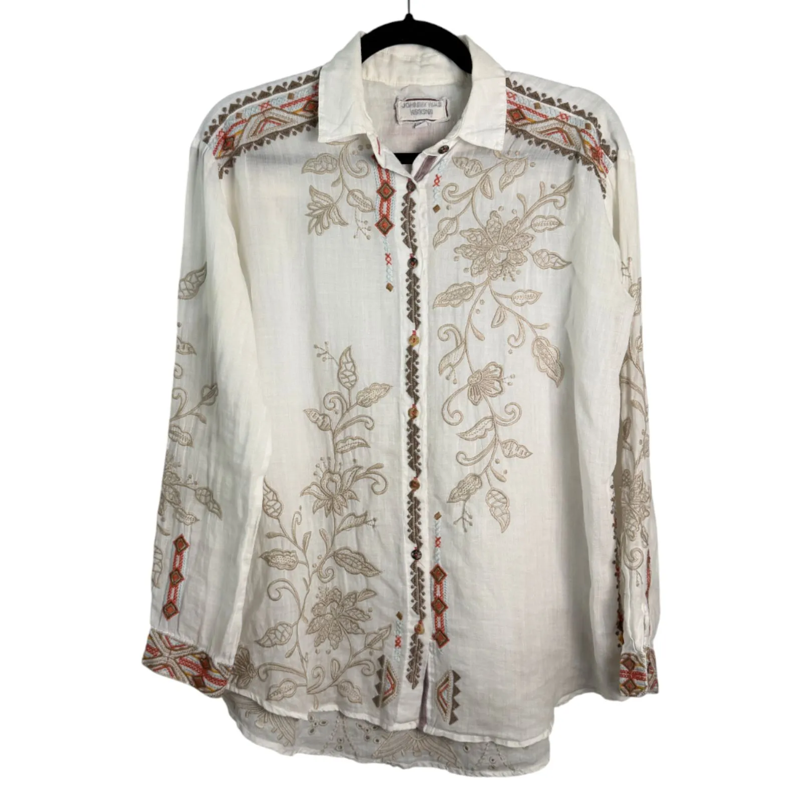 Johnny Was Workshop Chai Oversized Shirt White Embroidered Button Blouse Size XS - Image 7