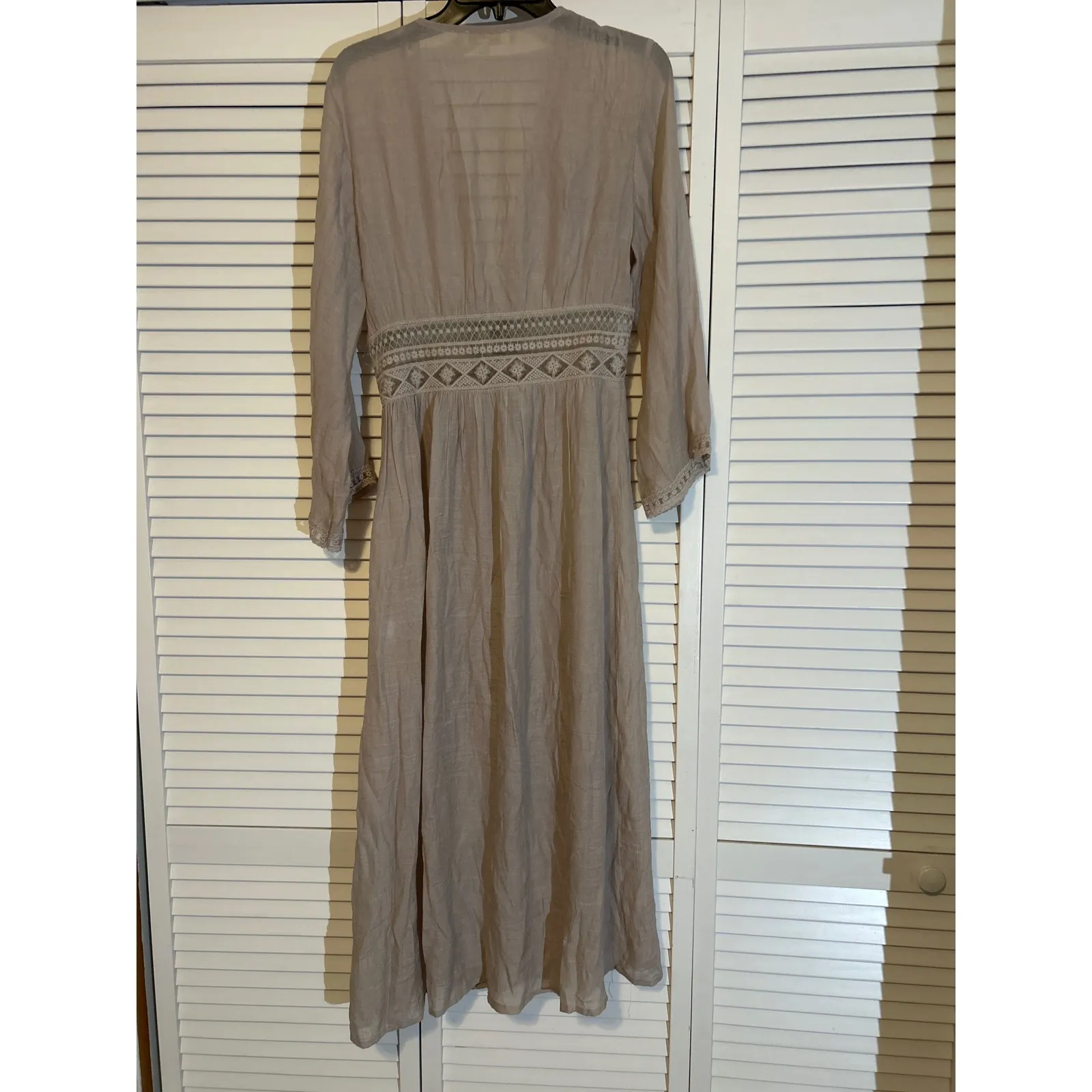 Rebellion‎ Again Kimono Maxi Dress Beige Lace Trim Tie Waist Long Sleeve size 2 Tan - Image 4