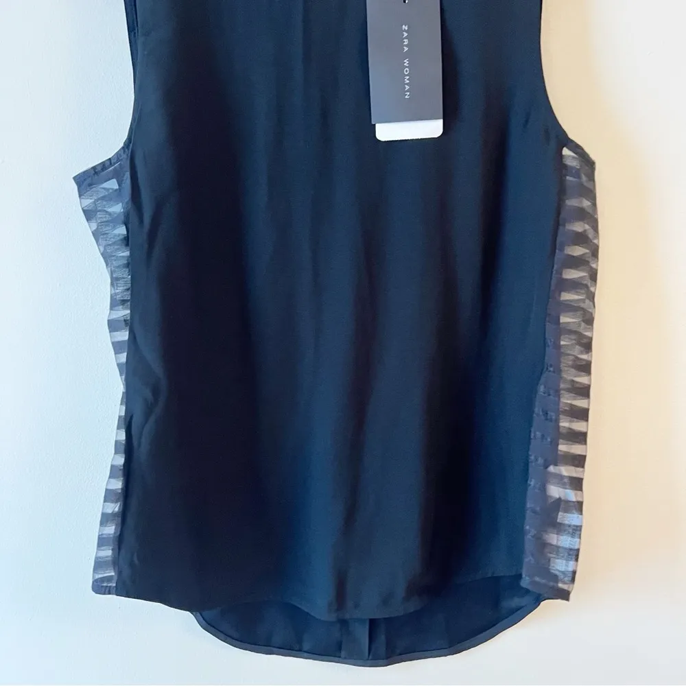 Zara Black Tank top Sheer Striped Side Panels Size Medium NEW $59 Round Neck - Image 3