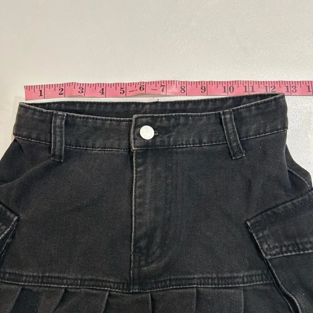 Black Denim Ruffle Cargo Mini Skirt XS Y2K Utility Streetwear - Image 4