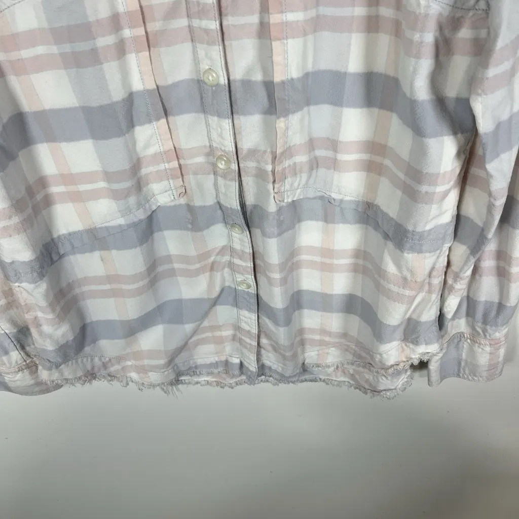 Free People LoveLand Pastel Plaid Button Down Frayed Hem Boho‎ Shirt Small - Image 3