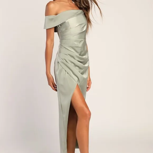 Elegant Off-Shoulder Sage Green Asymmetrical Tulip Midi Dress - Image 3