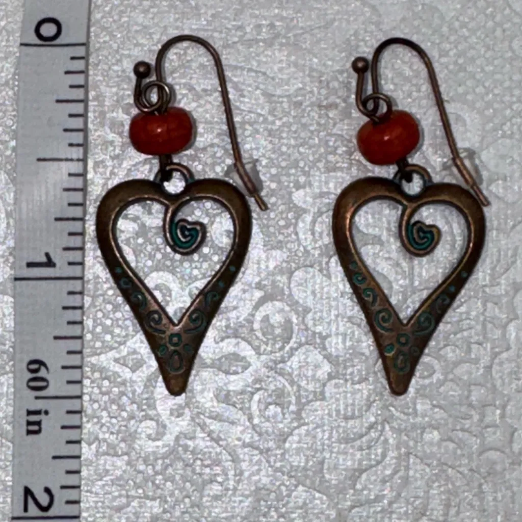 NWOT Heart-Shaped Bronze Dangle Earrings with Red Beads - Image 4