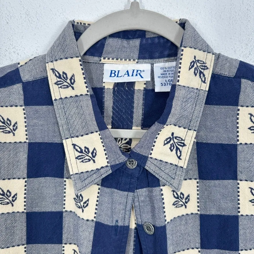 Blair Women's Blue Beige Plaid Leaf Print Button Up Shirt Cottagecore Checkered - Image 5