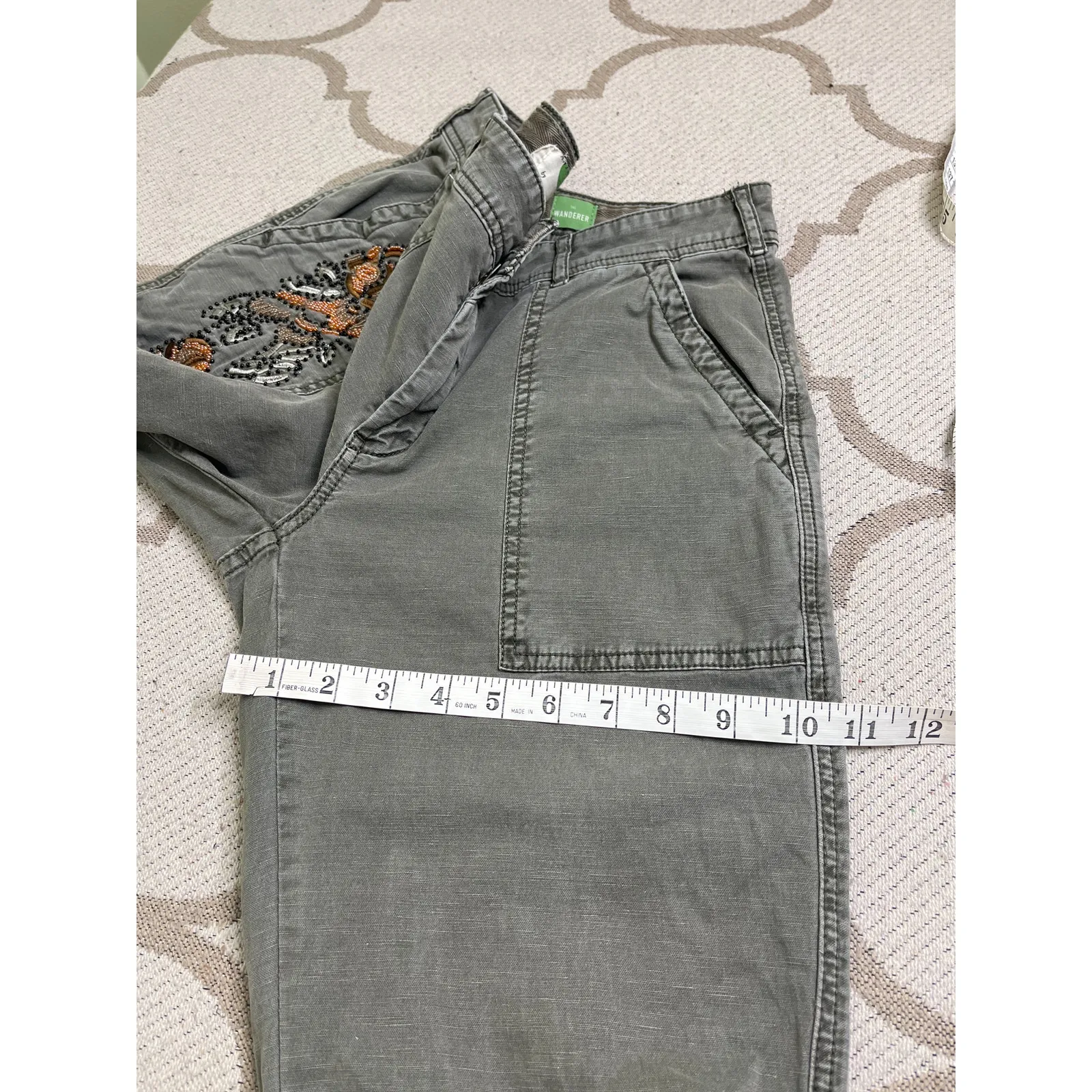 Anthropologie The wanderer Olive Chino beaded embroidery linen pants, size 28 - Image 7