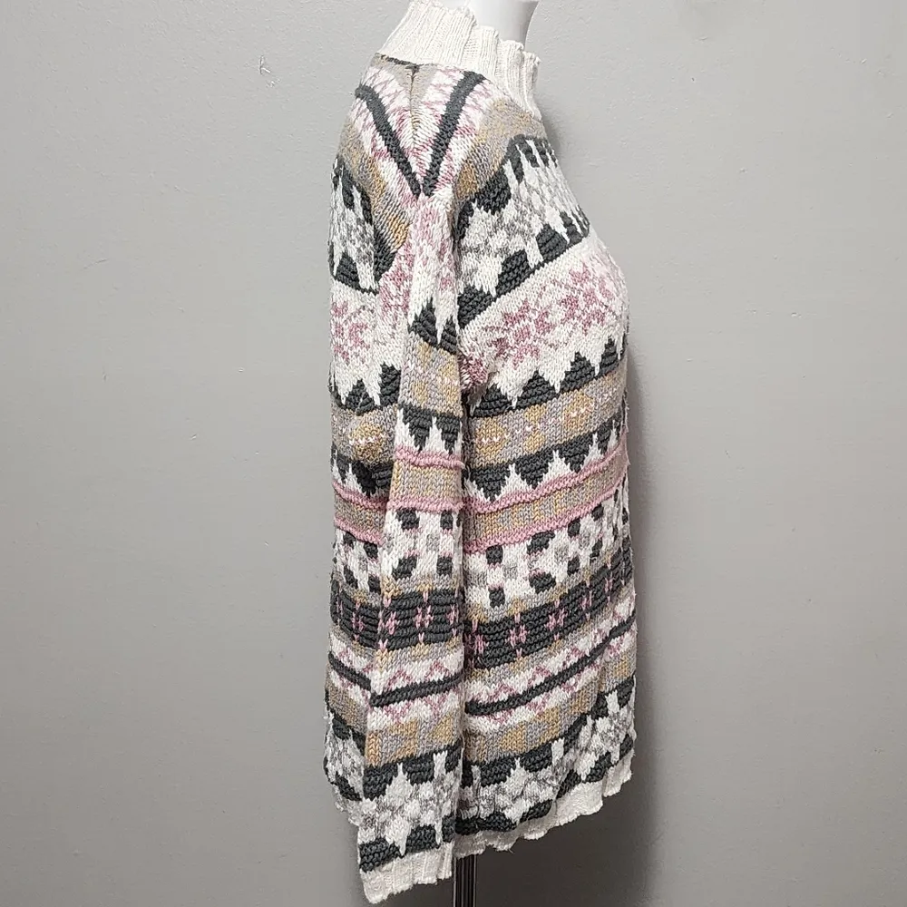 Vintage L.L. Bean Olive & Pink Fair Isle Mockneck Cotton Sweater Size Small - Image 3