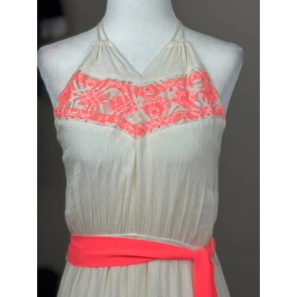 Boho Chic Halter Maxi Dress Coral Ivory Crochet Lace Dainty Hooligan Womens M - Image 5