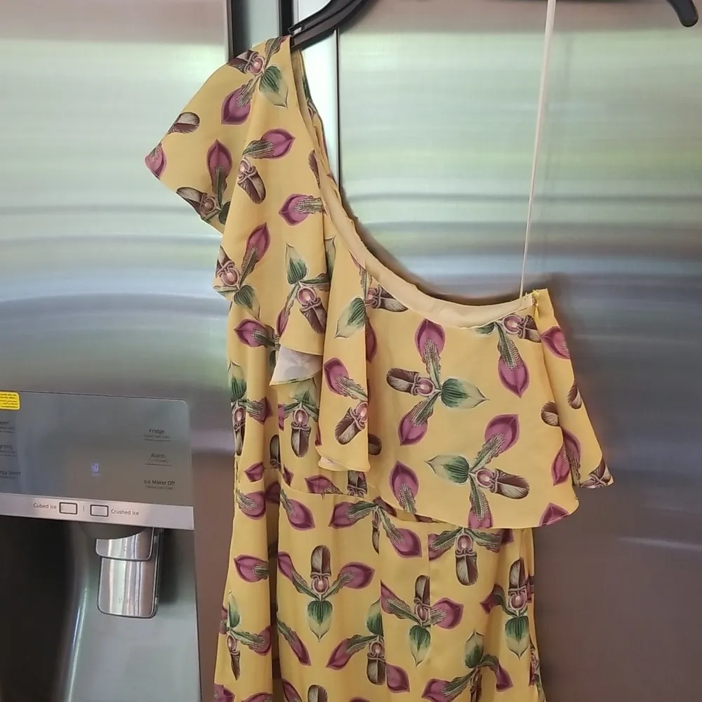 💕PATBO💕 One Shoulder Tiered Ruffle Midi Dress ~ Bright Yellow Print 8 NWT - Image 8