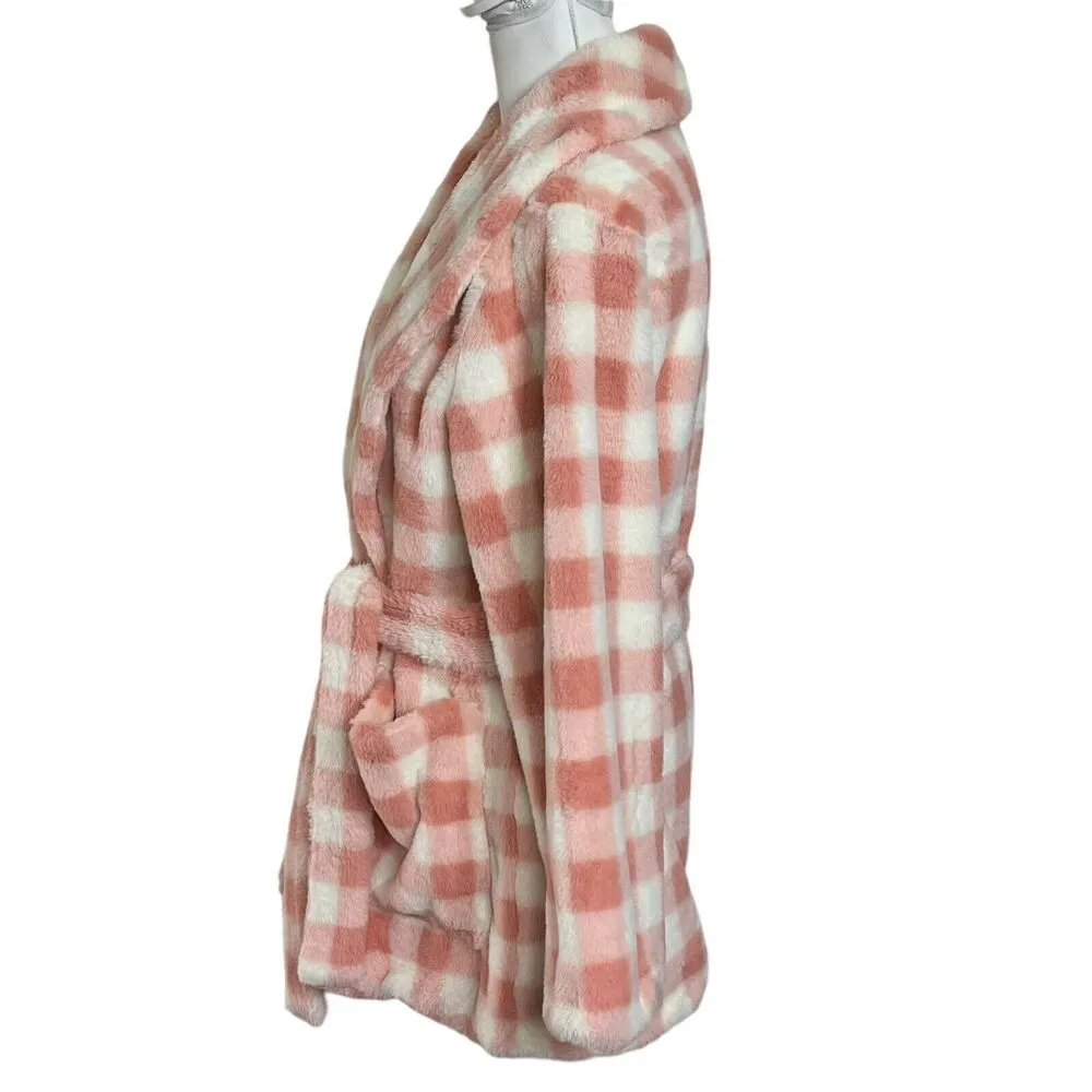 APPARIS Rare Gingham Check Teddy Coat with Tie Waist Pink Jacket Womens Size S/M Size M - Image 4