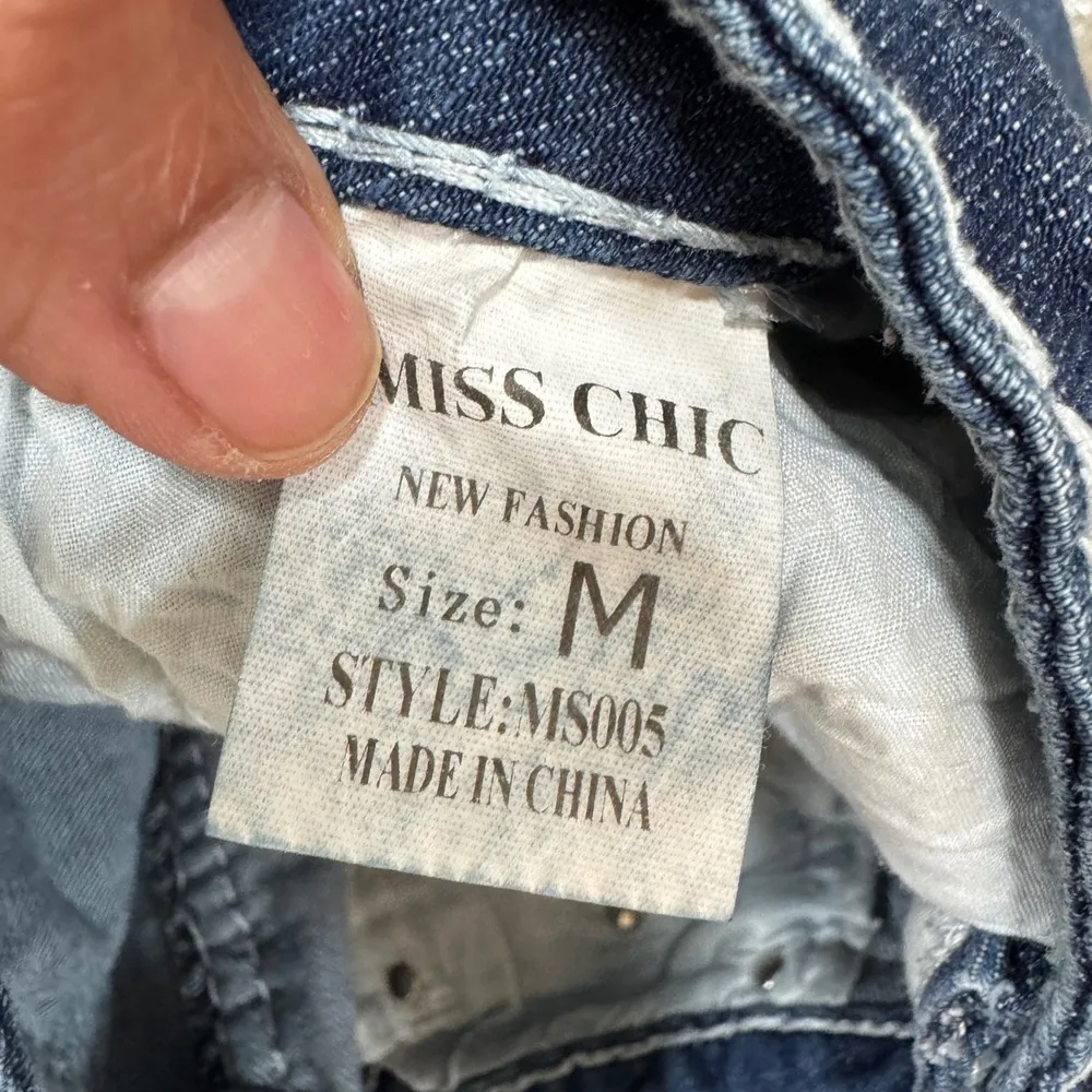 Miss‎ Chic Denim Skirt Rhinestone Pockets Frayed Hem Dark Wash Size M Blue Size M - Image 8