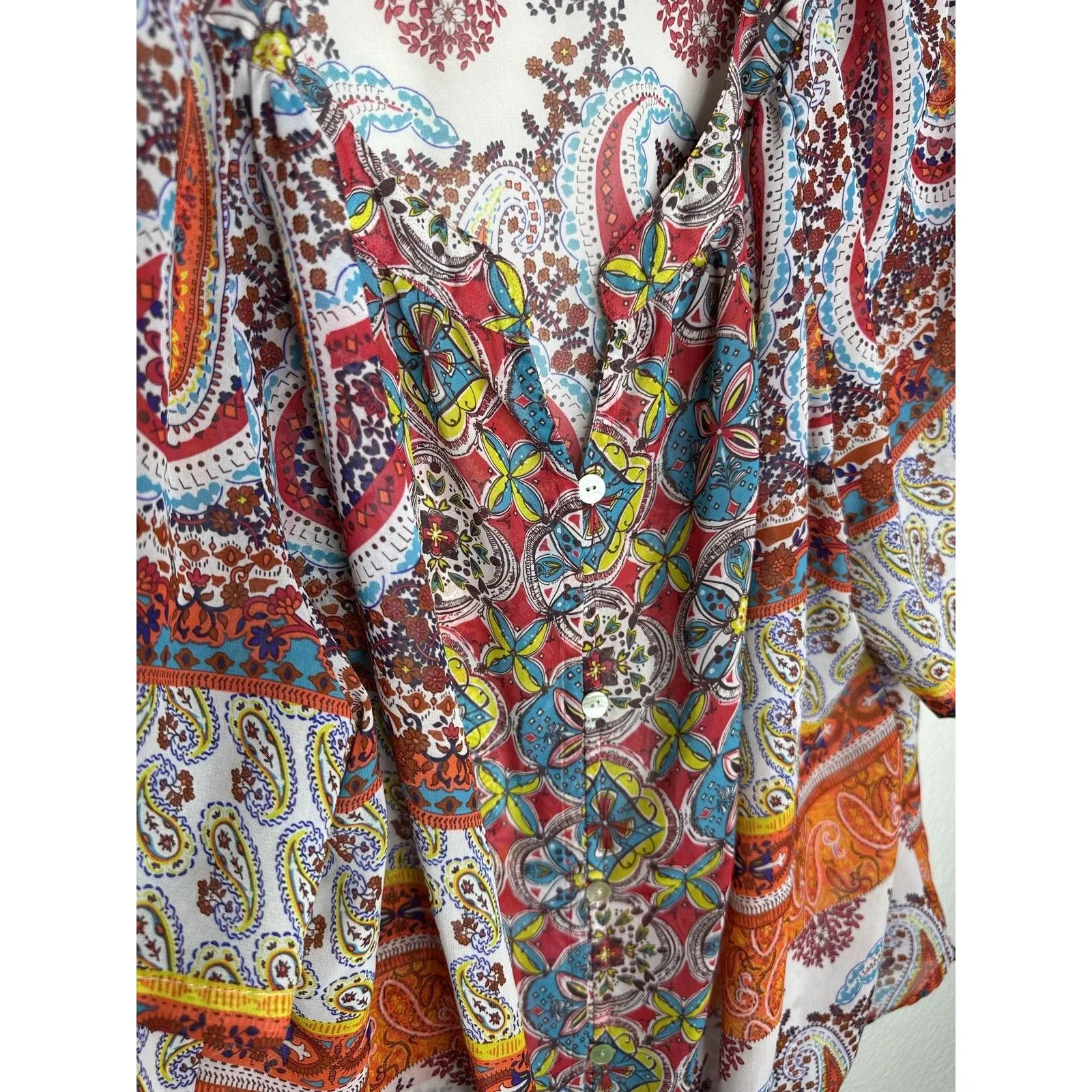 Fig and Flower Blouse Womens 2X Multicolor Paisley Kimono Tie Front Bohemian Top - Image 3