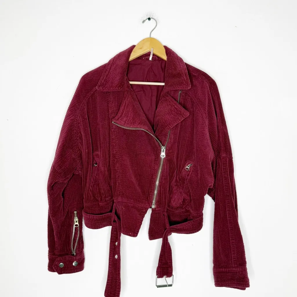 Free People Corduroy Moto Jacket Burgundy Cropped Belted Zip Front Size Small - Image 2