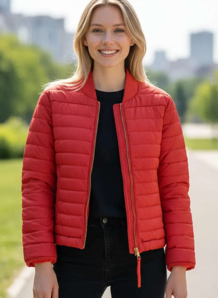 Rare MONCLER Coral Red Perforated Faux Leather Puffer Jacket Size Medium - Image 1