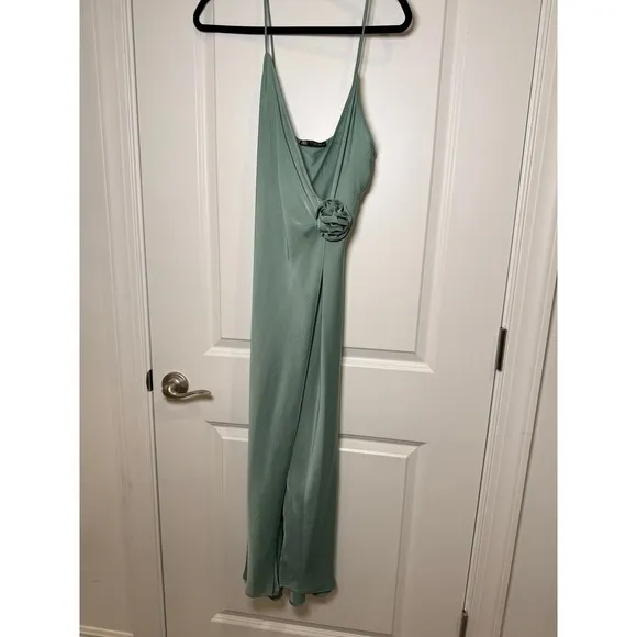 Zara Satin Camisole Midi‎ Slip Dress Size Flower Detail Sea Green- Small - Image 9
