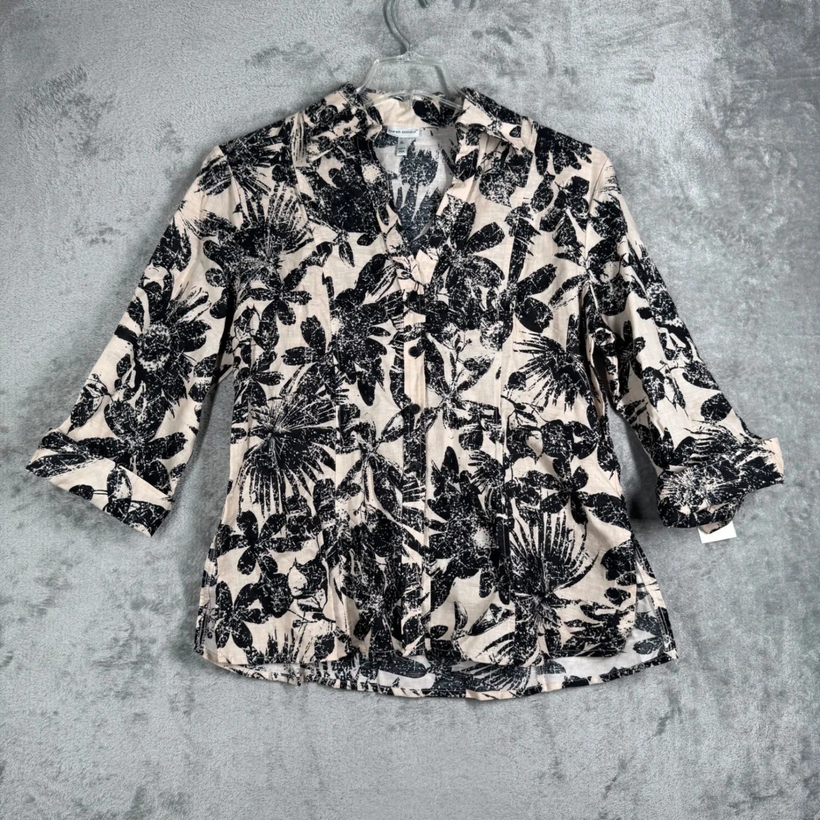 Harve Benard Linen Blend Blouse Womens XL Beige Black Floral Button Front NWT - Image 2