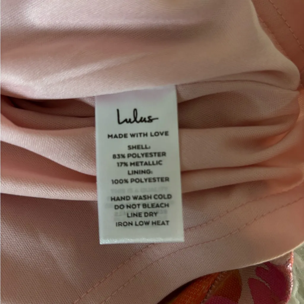 LULU’s Pink Floral Brocade Mini Short HoCo Formal Puff Sleeve Dress Small - Image 5