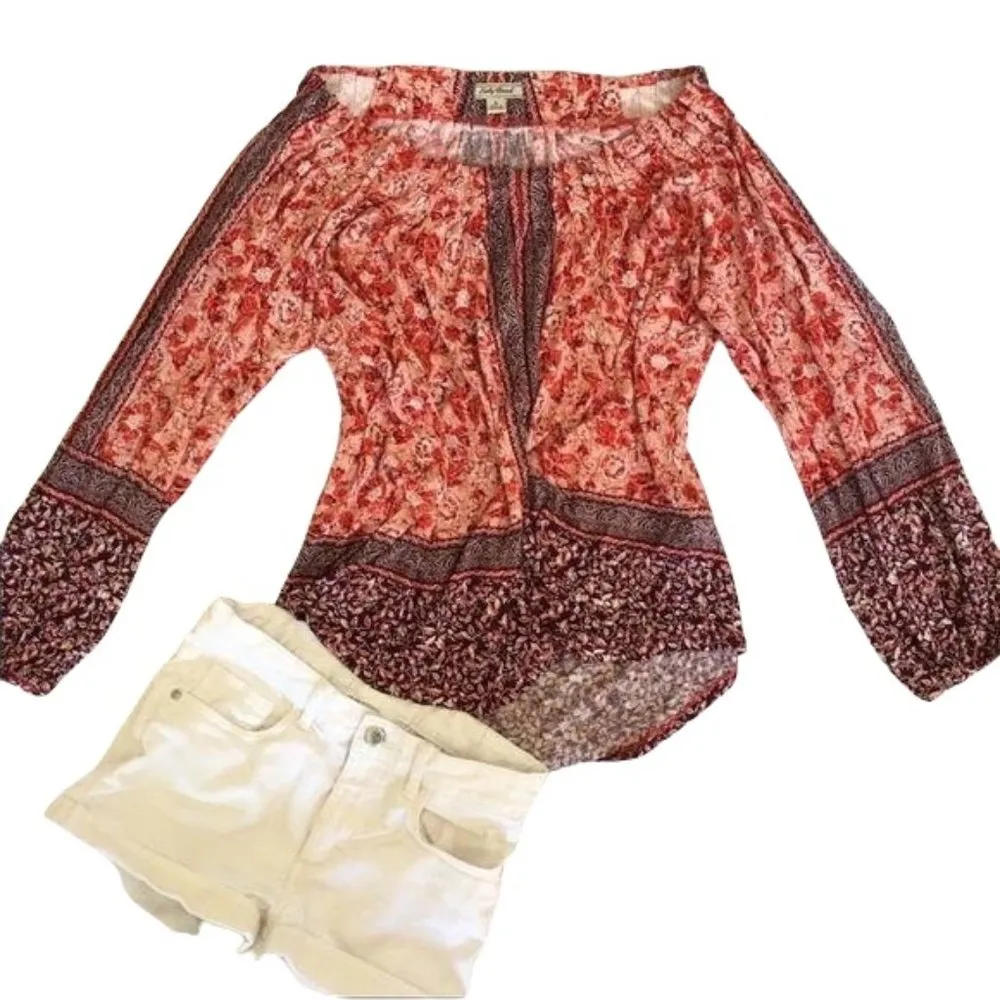 Lucky Brand Off The Shoulder Blouse Floral Bohemian Long Sleeve Tunic Loose S - Image 3