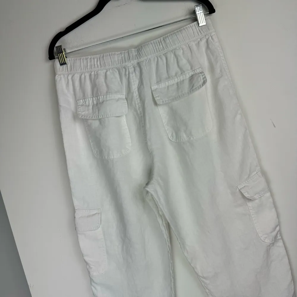 Nicole Miller 100% Linen White Cargo Straight Leg Tapered Pants Sz Large Fringe - Image 12