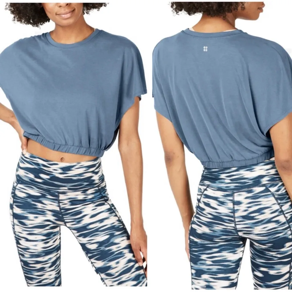 Sweaty Betty XS Teal Blue Peaceful Cap Sleeve Crop Top with Elastic Waist - Image 2