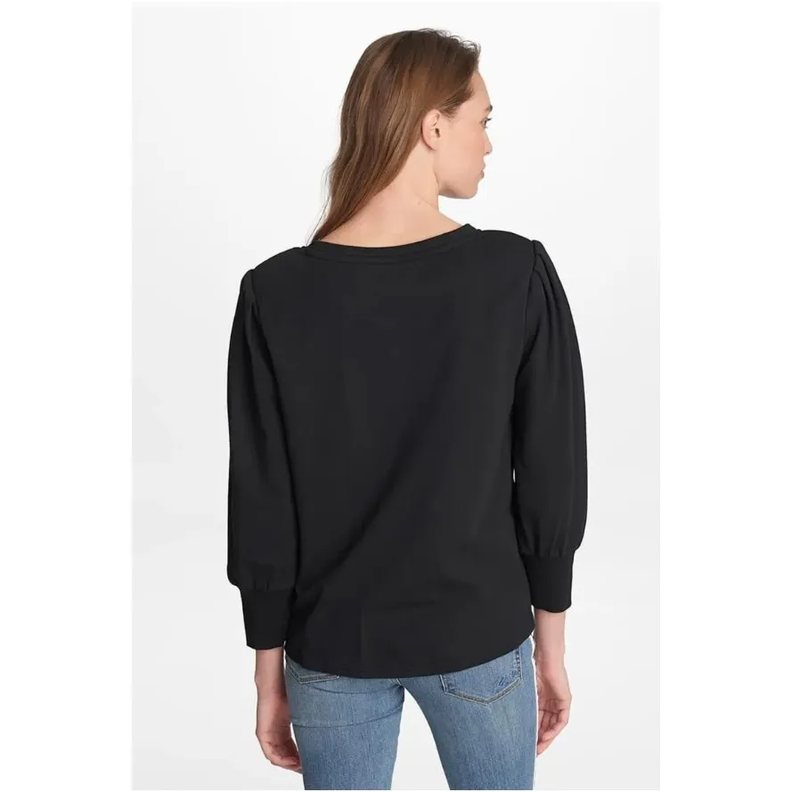 Karl Lagerfeld Sweatshirt Top Womens Small Black Puff Sleeve Embroidered Patch - Image 3