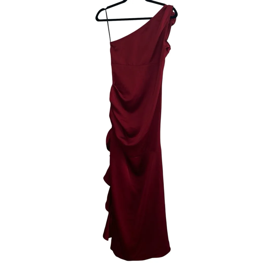 Majorelle Natalya One Shoulder Satin Maxi Gown In Red Wine - Image 8