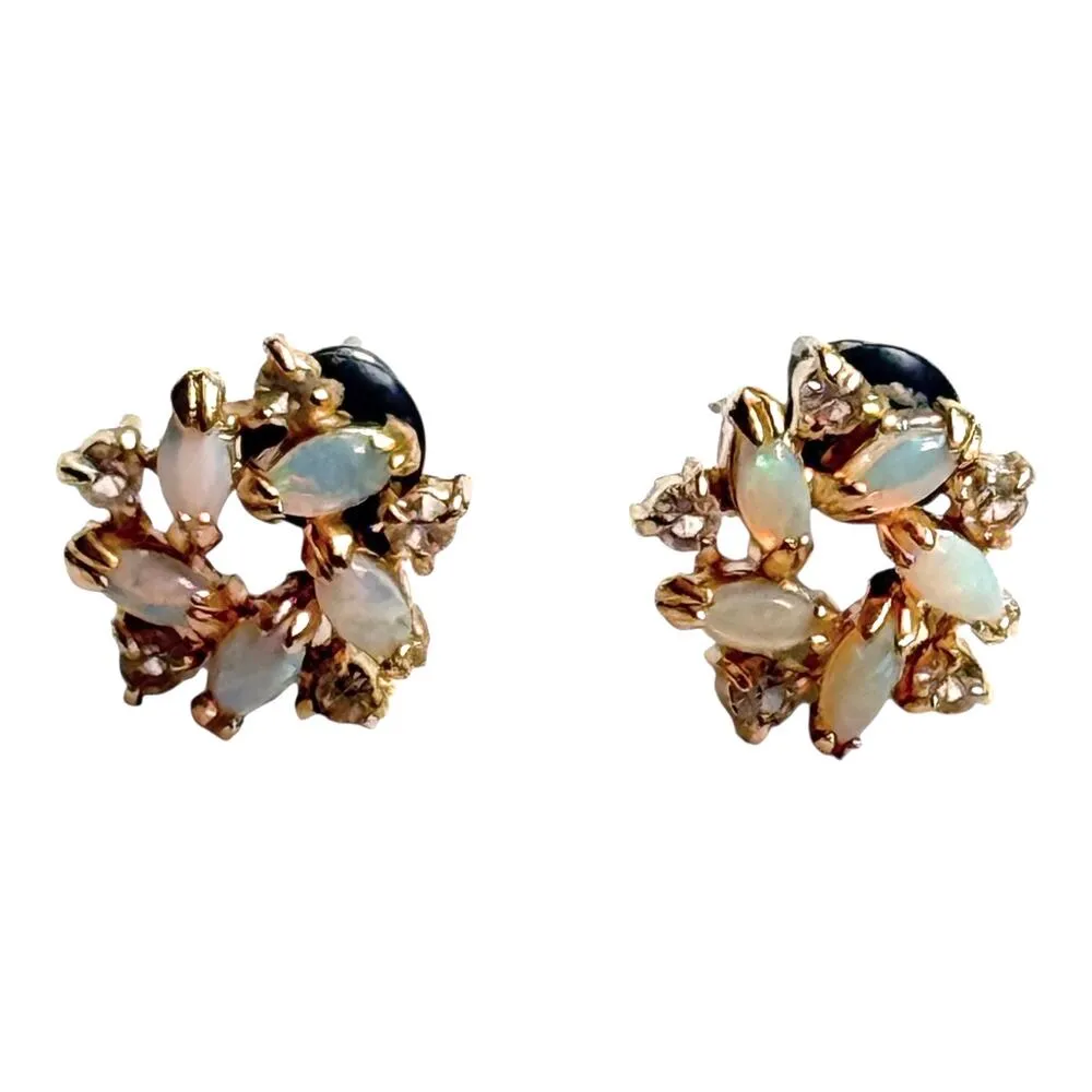 VTG Aurora Borealis Milk Glass STUD POST EARRINGS Simulated Fire Opal 1/2" Gold - Image 2