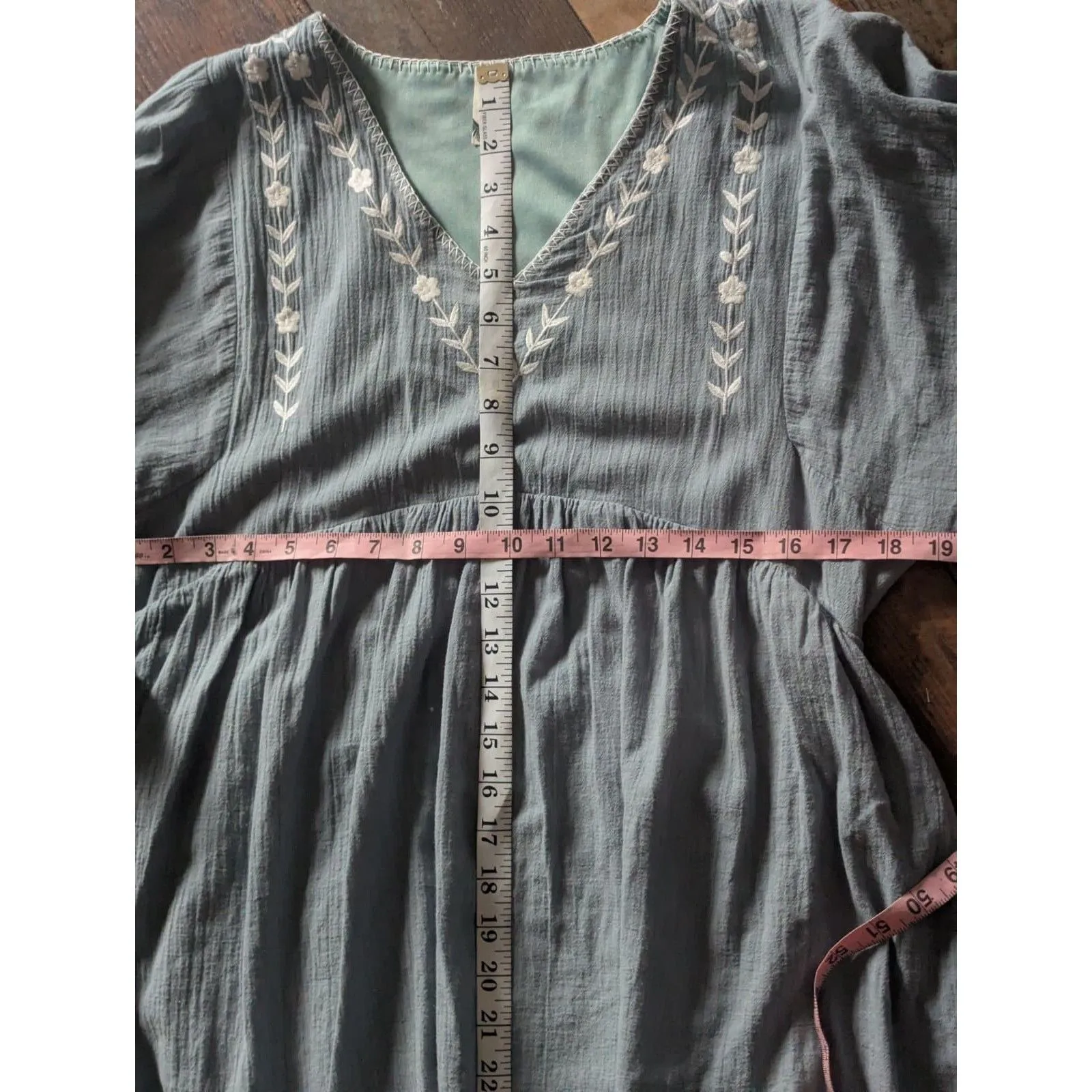 Flamingo Blue Cotton Embroidered Boho Fairycore Babydoll Mini Dress Medium - Image 8