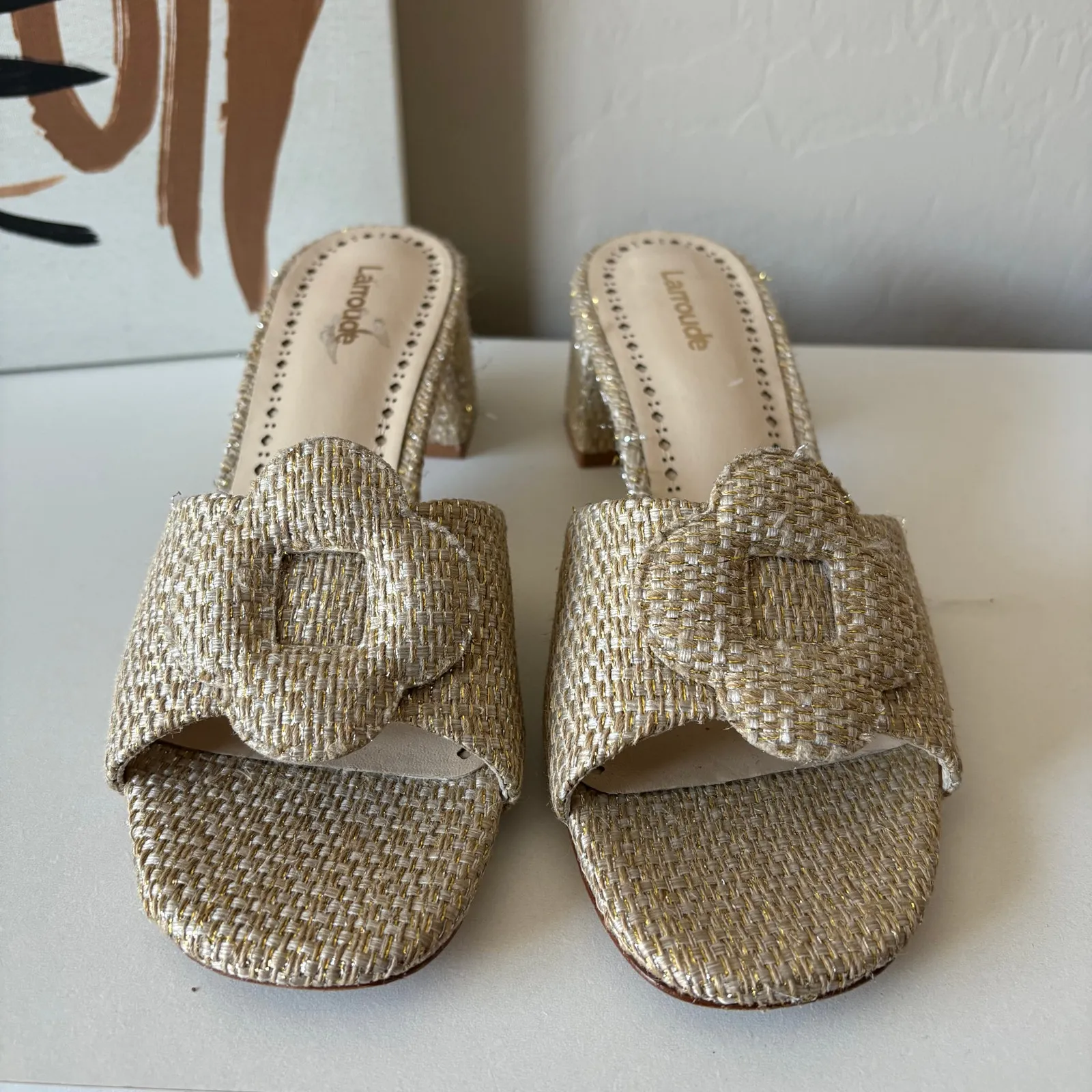 Larroude Flora Woven Raffia Gold Beige Slip On Block Heel Mule Sandals‎ Size 7.5 - Image 3