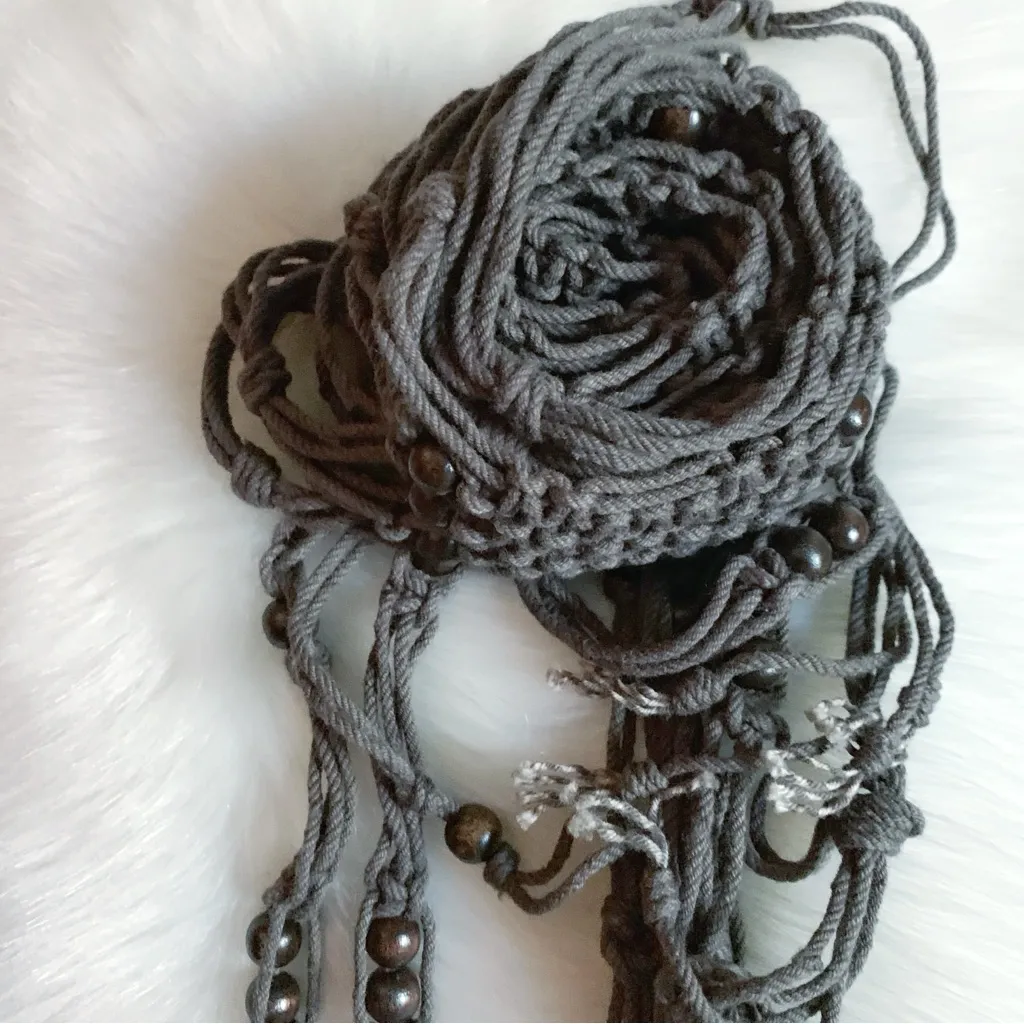 Vintage 90s Boho Macrame Beaded Brown Tie Belt OS - Image 5