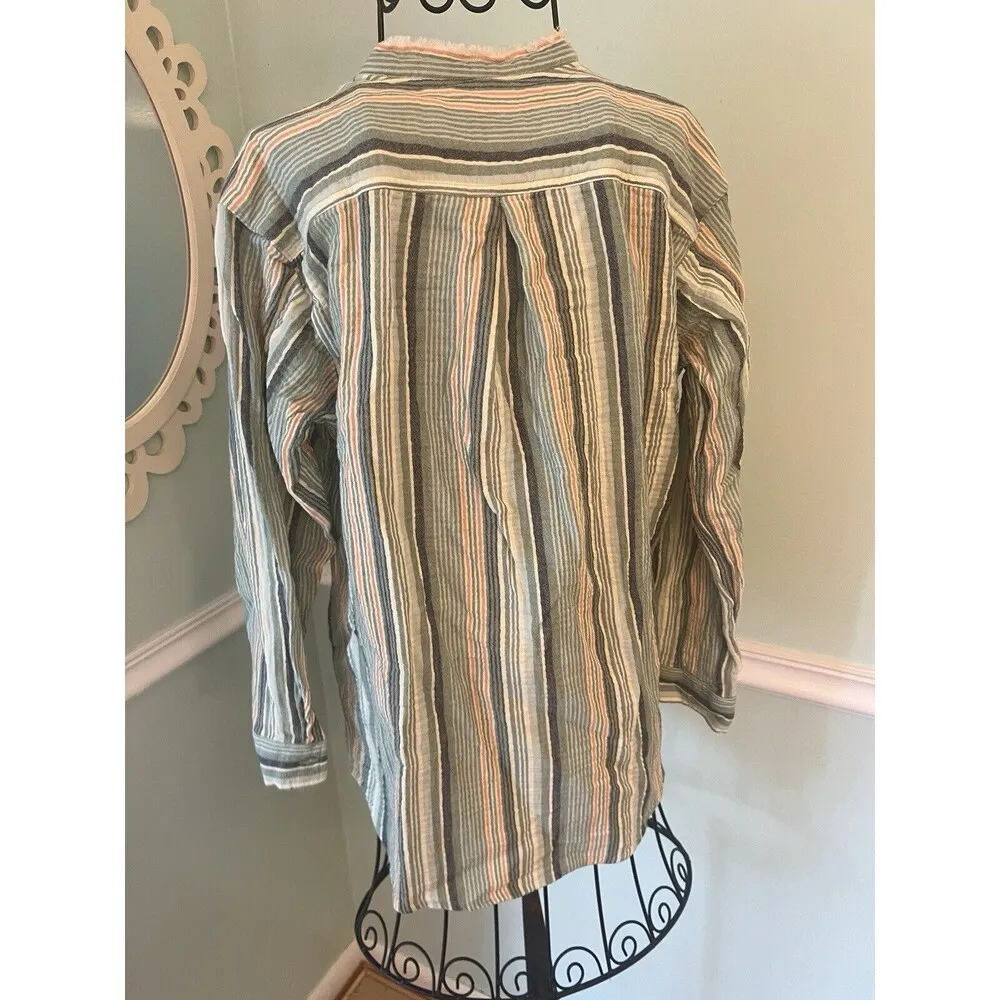 Eddie Bauer Womens small Long Sleeve striped fringe Shirt top Tunic 1/4 button - Image 6