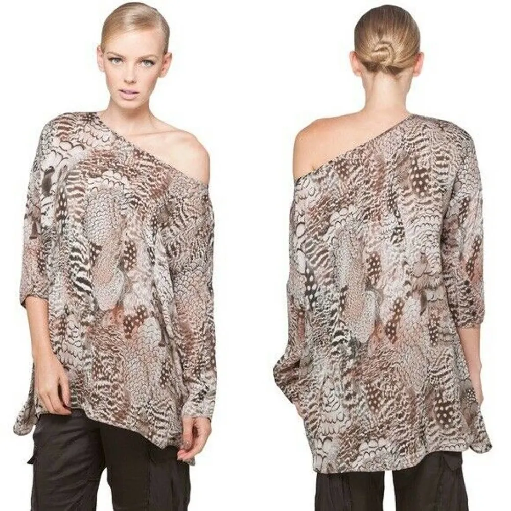 Rag & Bone XS Botany Feather Print Silk Tunic Top Asymmetric Hem - Image 2