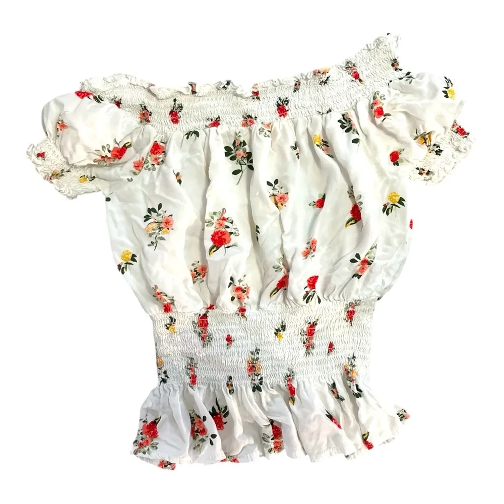 Romantic Summer White Floral Smocked Blouse Medium Milkmaid Cottagecore Peasant - Image 1