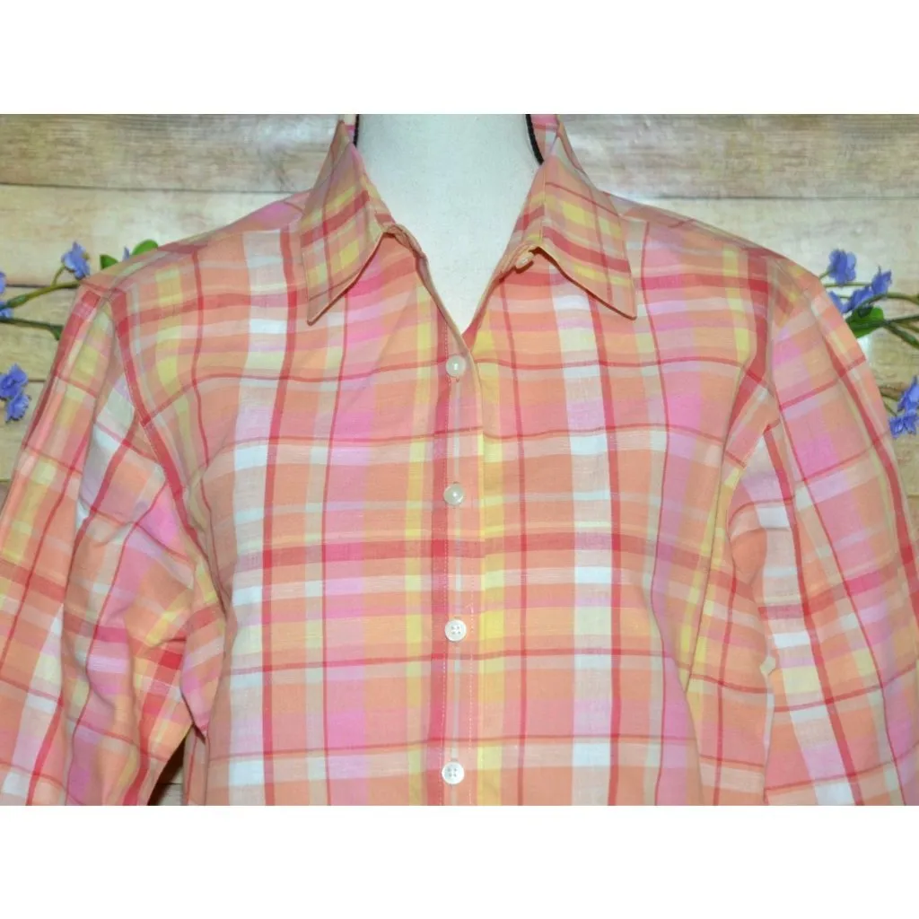 Talbots Ladies L Petite Peach Plaid Button Up Shirt Irish Linen Blend 3/4 Sleeve - Image 2