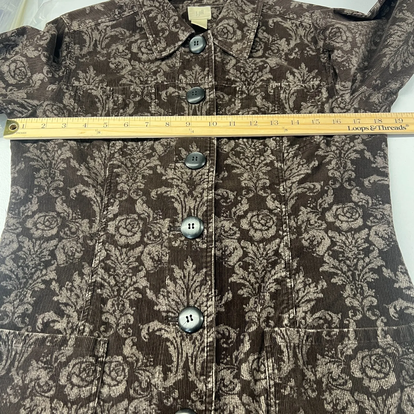 J.Jill Tumbled Coat Womens XS Brown Cotton Floral Damask Print Double Vented - Image 12