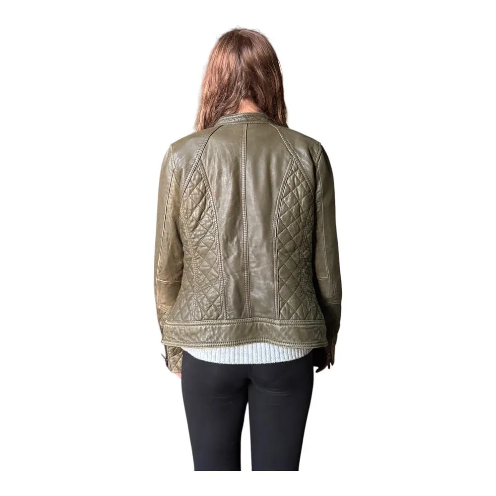 Michael Kors Green Leather Biker Moto Jacket quilted pattern size Small - Image 10