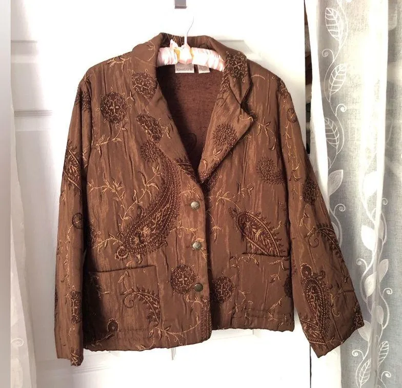 Chico’s Jacket Size 2 (L) Brown Embroidery Floral Paisley Button Front blazer - Image 3