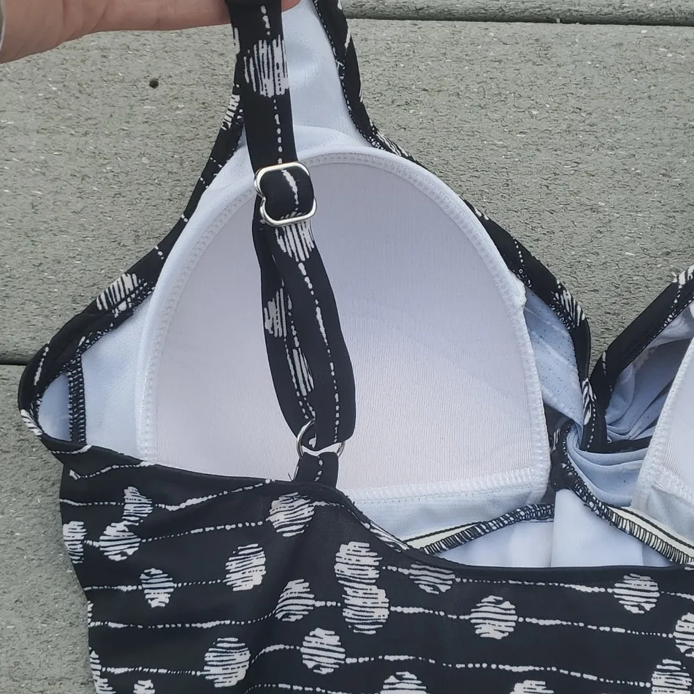 Ruched Polka Dot and Stripe Bathing Suit | Size 14 One Piece Bathing Suit Black - Image 6