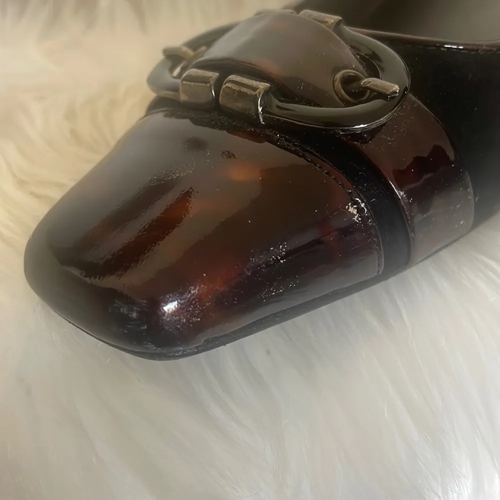 Stuart Weitzman wedge flat brown marble patent and black suede vintage Sz 9M - Image 2