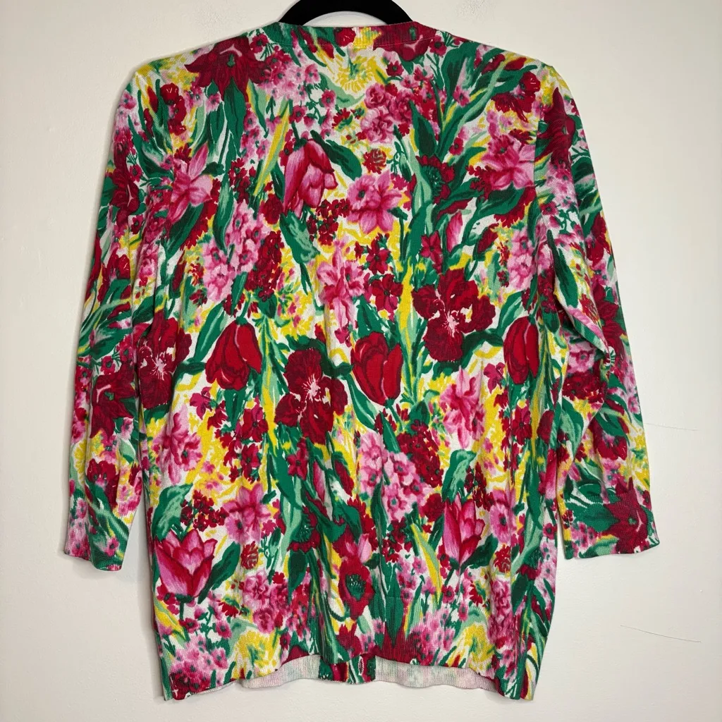 Talbots LP Petite Cardigan Bold Red Pink Yellow Green Floral Cotton Rayon‎ - Image 5