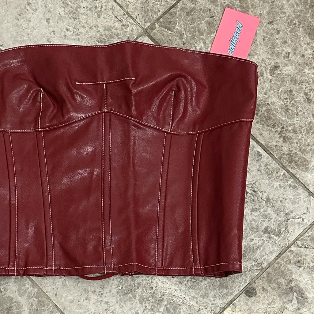 Edikted Moss Faux Leather Lace Up Corset Burgundry NEW Medium - Image 4