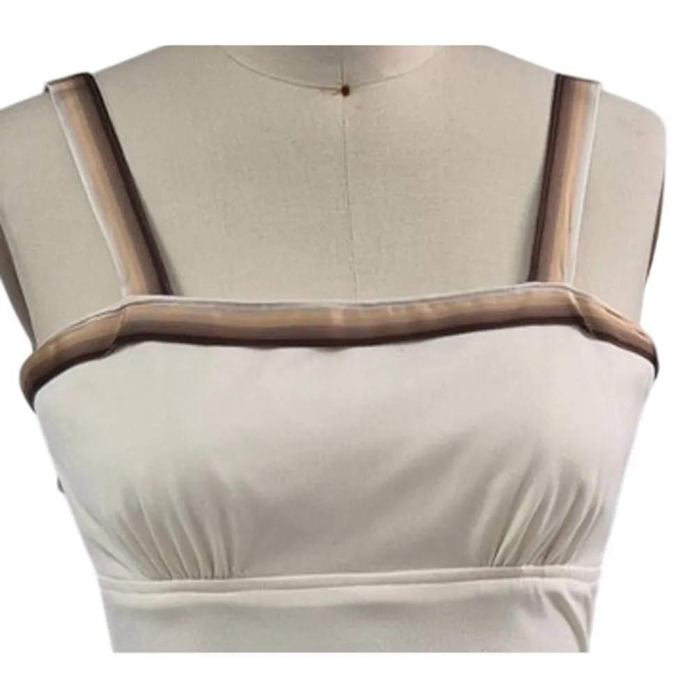 1970s VTG Cream Empire Waist Maxi Dress W/ Sheer Shawl/Cape Brown Ombre Trim S - Image 5