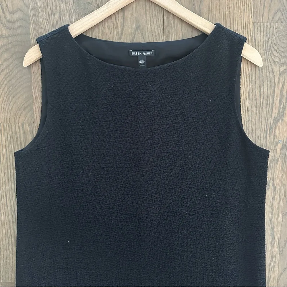 Eileen Fisher Textured Woven Bateau Neck Sheath Shift Dress in Black Size Small - Image 3