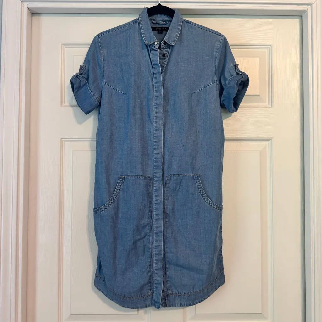 AllSaints Calla Bay Dress US 0 Blue Denim Chambray Short Sleeve Palm Tree - Image 2