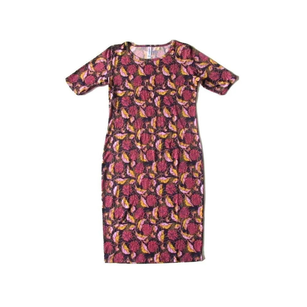 LuLaRoe Julia in Pink & Yellow Leaf Chrysanthemum Mum Floral Sheath Dress S - Image 2