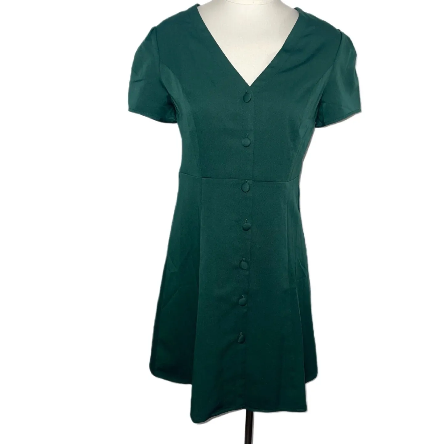 NWOT Rihoas Forest Green Puff‎ Sleeve Midi Dress Button Front Quiet Luxury M Size M - Image 2