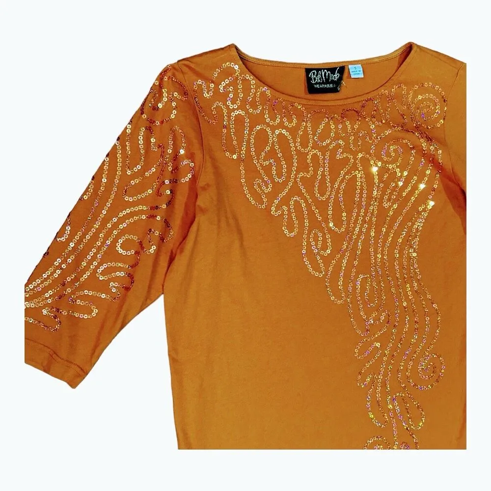 Bob Mackie Wearable Art Sequined T-Shirt Orange Quarter Sleeves Size Small - Image 4
