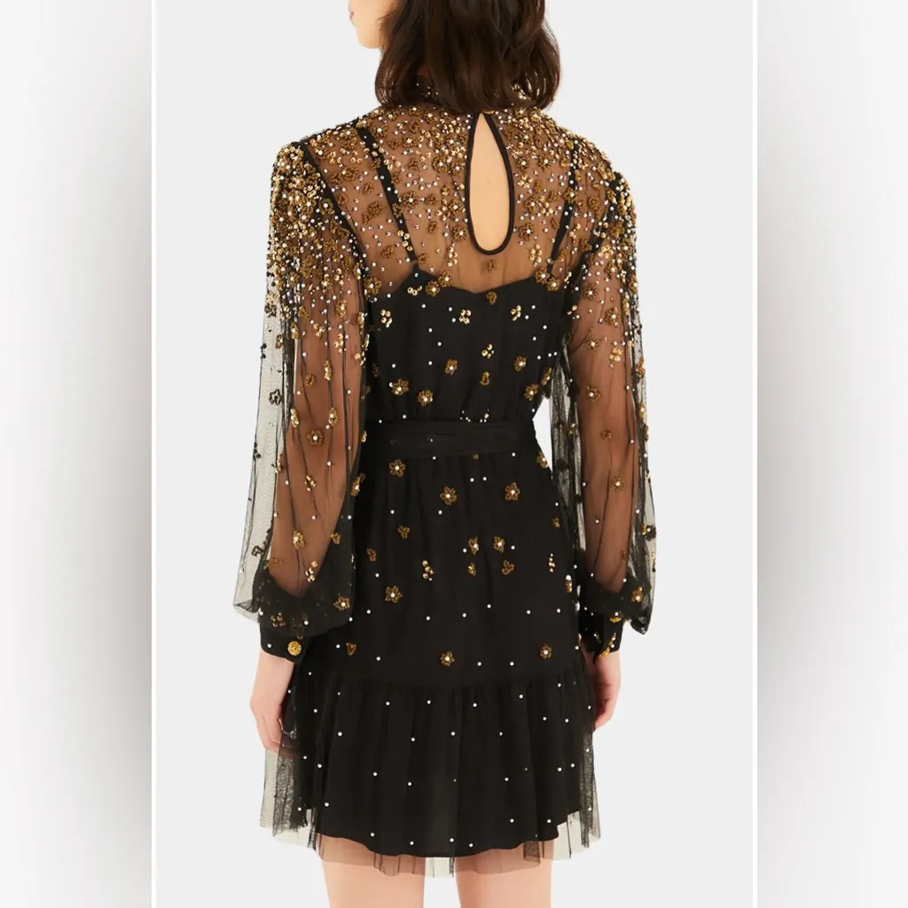 FARM RIO Black Embroidered Tulle Overlay Belted Long Sleeve Mini Dress,Small,398 - Image 5