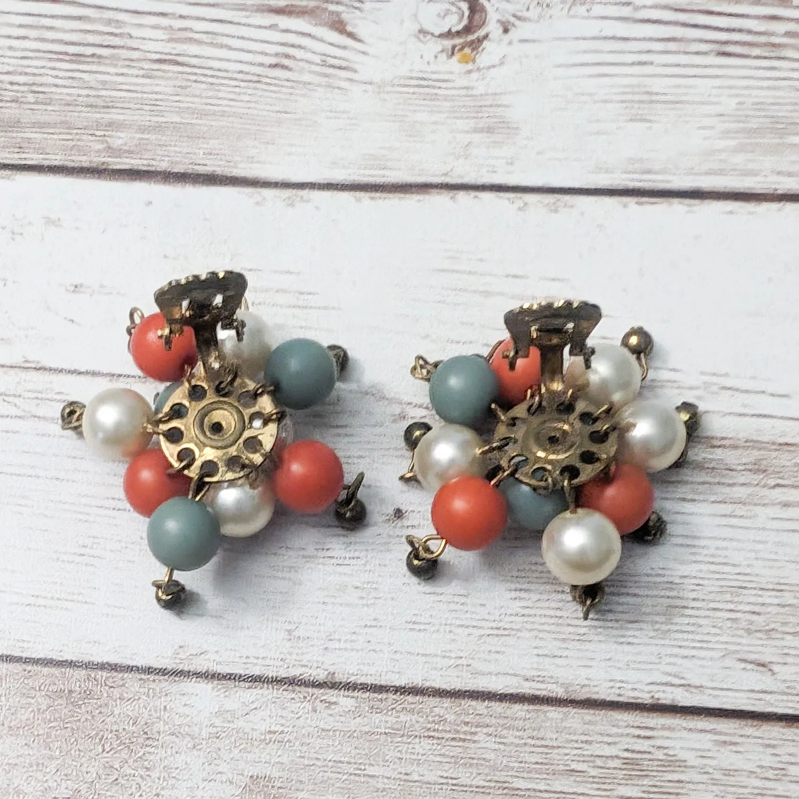 Vintage Clip On Earrings Multi Tone Cluster Dangle - Image 3